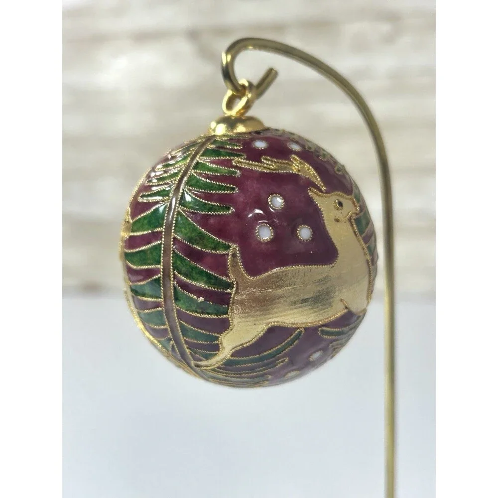 Victorian Enamelling Cloisonné Gold Tone Plated Christmas Tree Reindeer Ornament